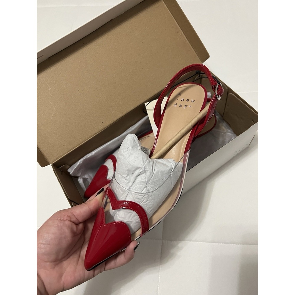A New Day Red Clear Slingback Heels Kitten Heel Pointed Toe Valentine Y2K Sz 7.5 - Picture 4 of 6